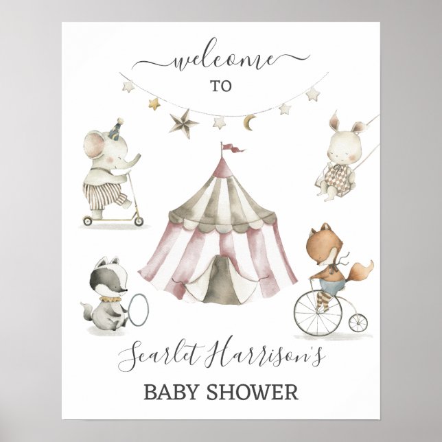 Póster Rótulo de bienvenida de Baby Shower Circus Animals (Frente)