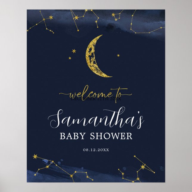 Póster Rótulo de bienvenida de Baby Shower por la luna (Frente)