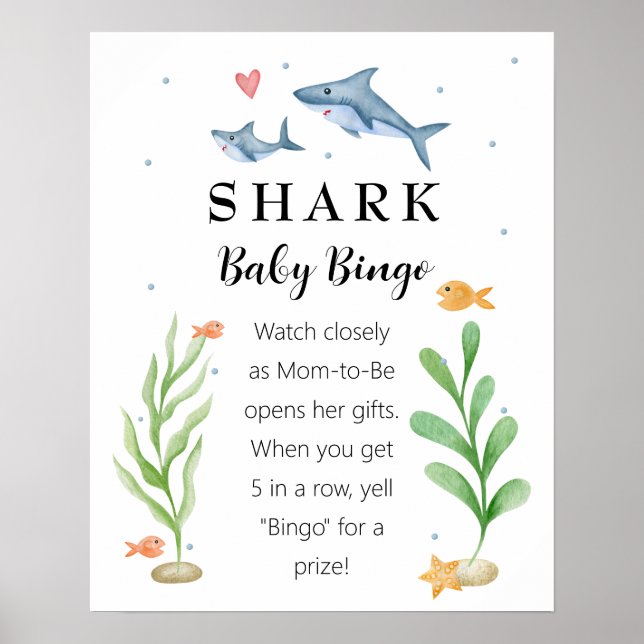 Póster Rótulo de Bingo Infantil de Shark Baby Shower (Frente)