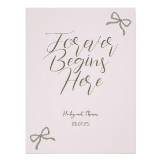 Póster Rótulo de Boda de Bow verde y rosa