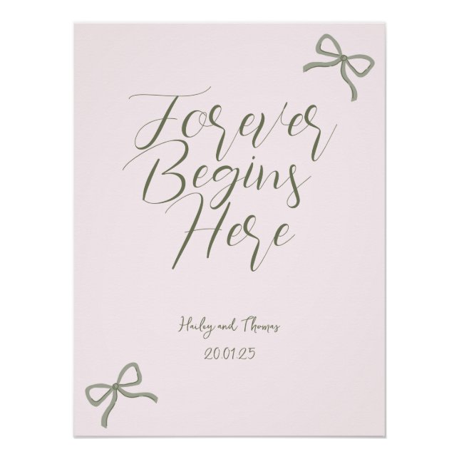 Póster Rótulo de Boda de Bow verde y rosa (Anverso)