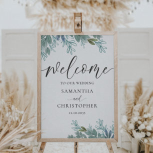 Póster Rótulo de Boda de caligrafía verde de follaje rúst