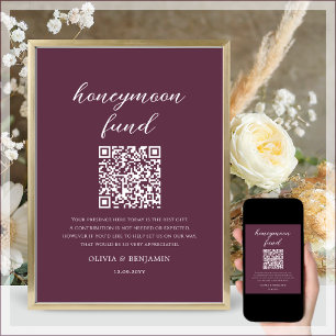 Póster Rótulo de Boda de código QR de Plum Honeymoon Fund