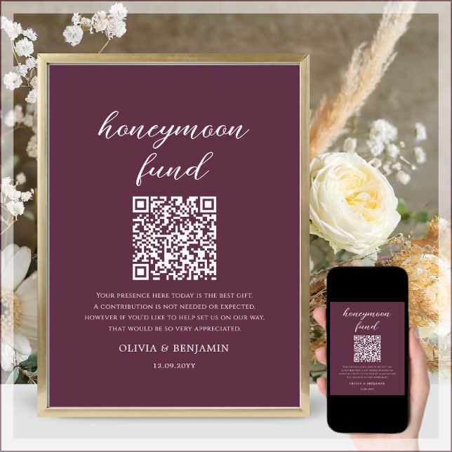 Póster Rótulo de Boda de código QR de Plum Honeymoon Fund (Subido por el creador)