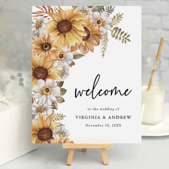 Póster Rótulo de Boda de girasol ruso (Rustic Watercolor Sunflower Floral Wedding Welcome Sign
by Painted Paperie)