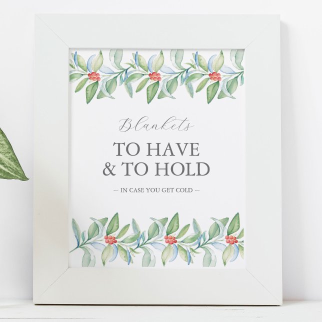 Póster Rótulo de Boda de Invierno Botánicos verdes y blan (Wedding decor for winter weddings features unique watercolor art by Victoria Grigaliunas)