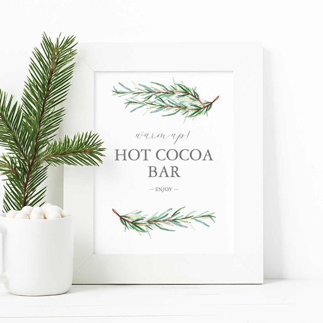 Póster Rótulo de Boda de Invierno Rótulo de bar de chocol (Winter wedding hot cocoa bar sign features simple watercolor pine bough art by Victoria Grigaliunas)