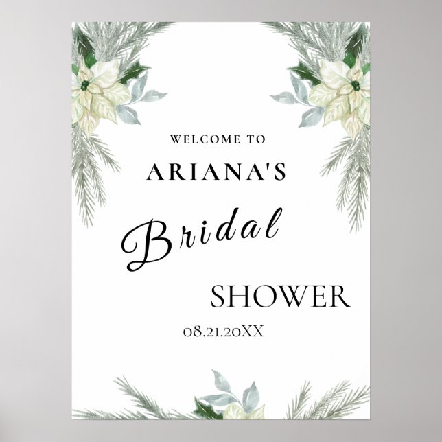 Póster Rótulo de Boda de Invierno Rústica Floral Caída (Frente)