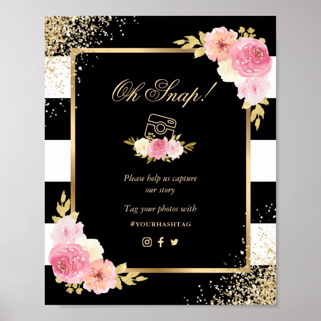 Póster Rótulo de Boda de medios sociales Black Gold Pink  (Frente)