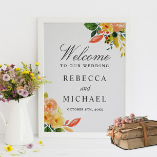 Póster Rótulo de Boda floral acuático de otoño