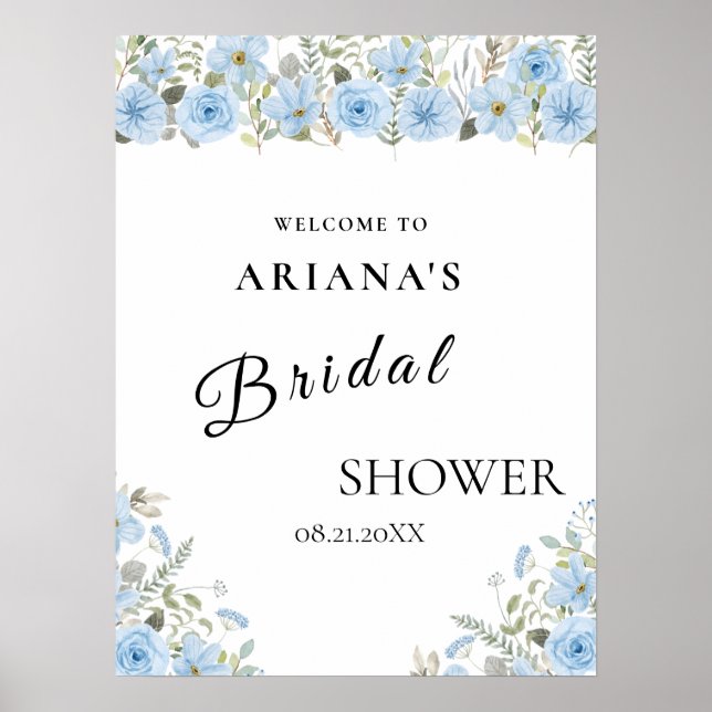 Póster Rótulo de Boda floral azul vintage (Frente)