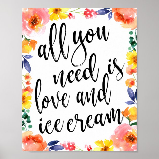 Póster Rótulo de Boda floral con crema de hielo 8x10 (Frente)