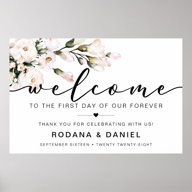 Póster Rótulo de Boda floral de Rubor de bienvenida a cal (Frente)