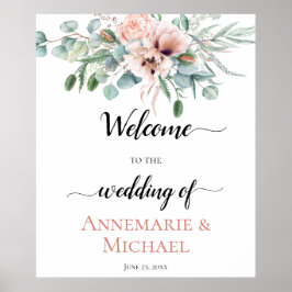Póster Rótulo de Boda floral Peony Pink Ivory Poppy de Ru