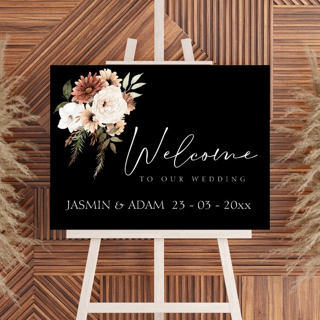 Póster Rótulo de Boda floral Rustic Black and Peach (Rustic Black and Peach Floral Wedding Sign)