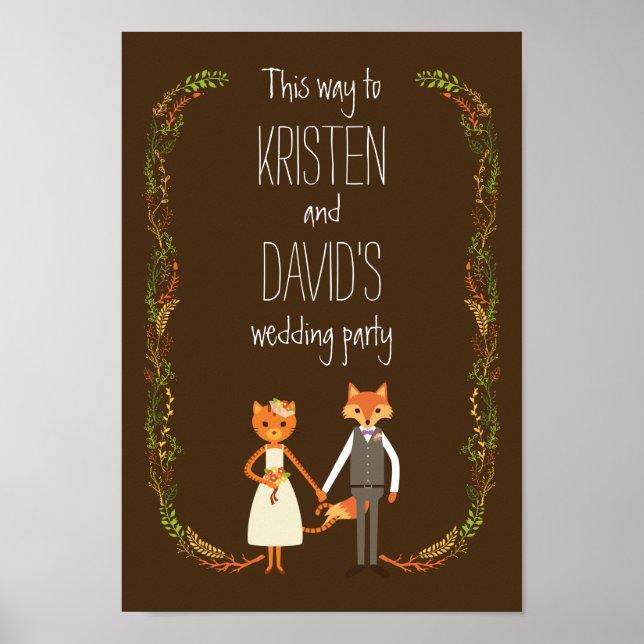Póster Rótulo de Boda Gato y Pareja Fox de Woodland singu (Frente)