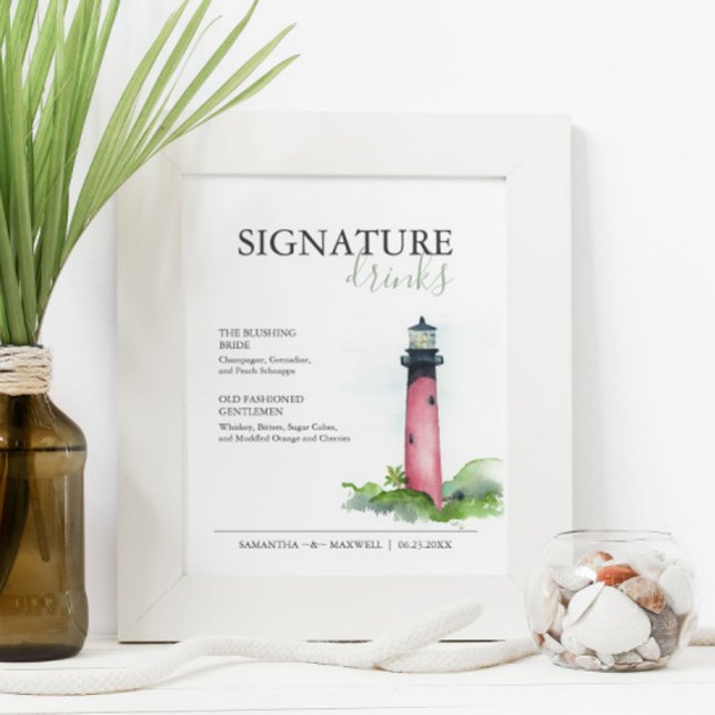 Póster Rótulo de bodas de playa 8x10 (Wedding signature drinks sign watercolor lighthouse art by Victoria Grigaliunas of Do Tell A Belle)