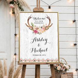 Póster Rótulo de Boho Antler Floral Rustic White Wood Bod