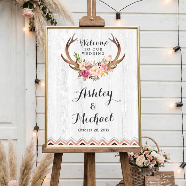 Póster Rótulo de Boho Antler Floral Rustic White Wood Bod (Subido por el creador)