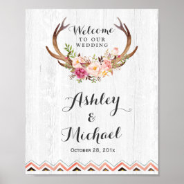 Póster Rótulo de Boho Antler Floral Rustic White Wood Bod
