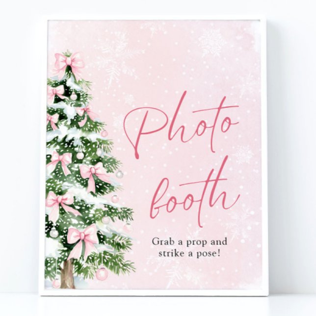 Póster Rótulo De Booth Fotográfico De Árbol De Navidad De (Cute Pink Bows Christmas Tree Photo Booth Sign)