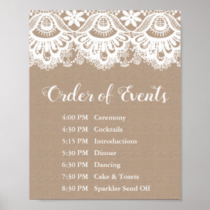 Póster Rótulo de Burlap y Lace Boda Orden de eventos