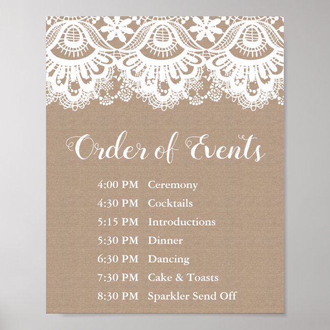 Póster Rótulo de Burlap y Lace Boda Orden de eventos (Frente)