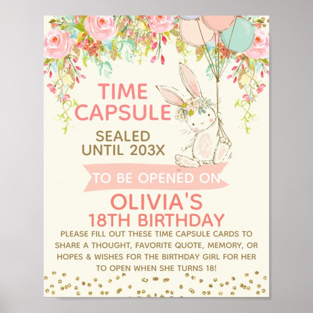 Póster Rótulo de cápsula de tiempo de conejo para chicas  (Frente)