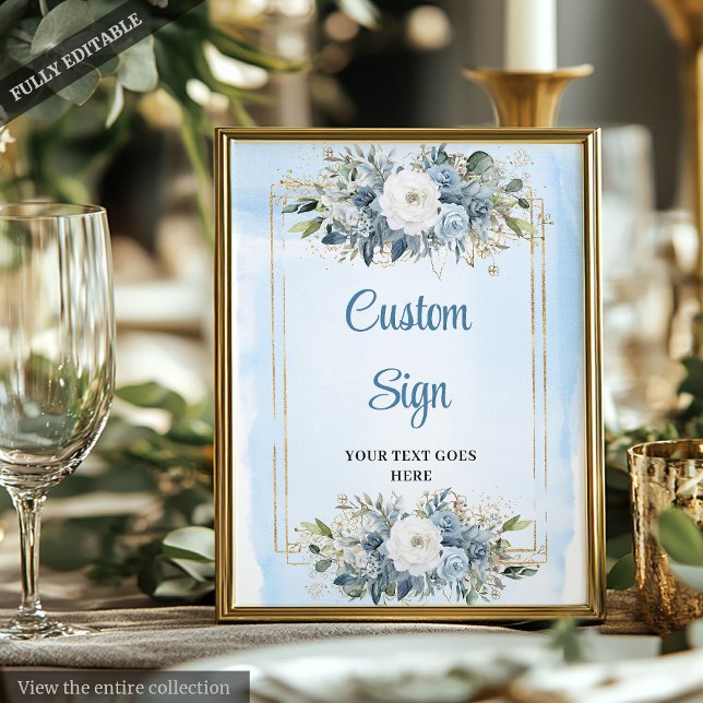 Póster Rótulo de casamiento personalizado de flores azule (Modern Dusty Blue Flowers Custom Wedding Sign

)