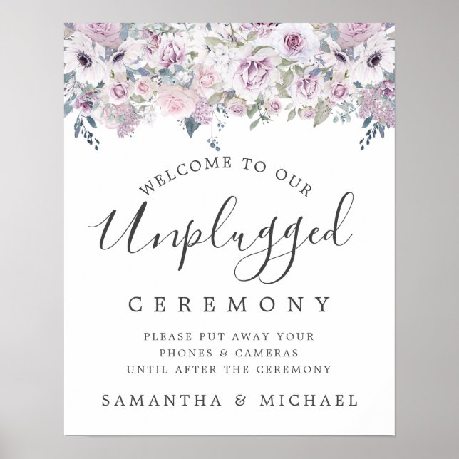 Póster Rótulo de Ceremonia Boda Purple Floral sin enchufa (Frente)
