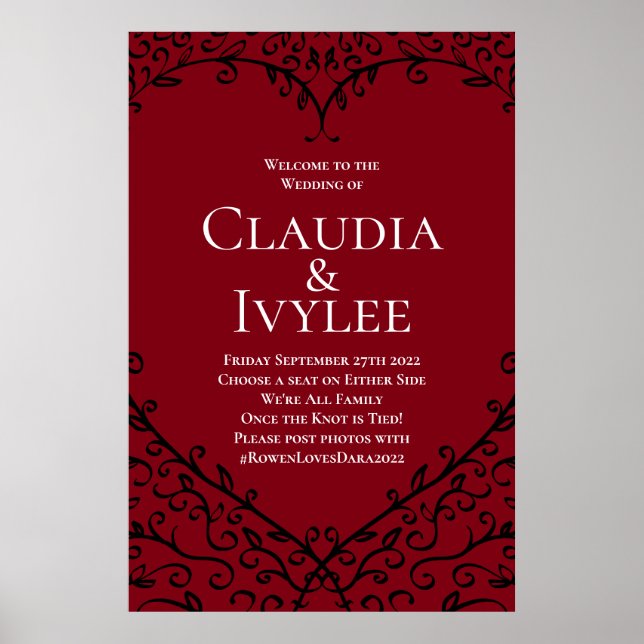 Póster Rótulo de ceremonia de Boda gótico del corazón roj (Frente)