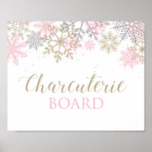 Póster Rótulo de charcutería de copos de nieve rosa de On