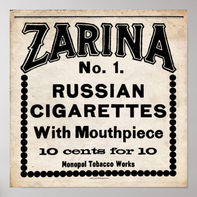Póster Rótulo de cigarrillos ruso Zarina (Frente)