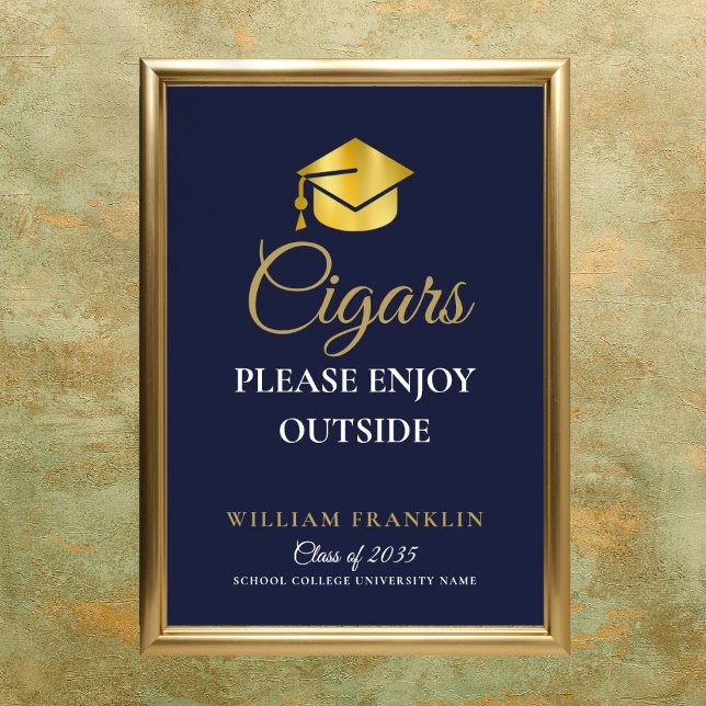Póster Rótulo De Cigarros Del Partido De La Graduación Az (Navy Blue And Gold Graduation Party Cigars Sign)