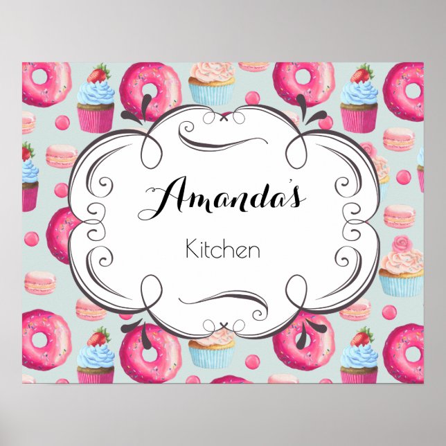 Póster Rótulo De Cocina Con Donuts Macarons Y Pasteles (Frente)