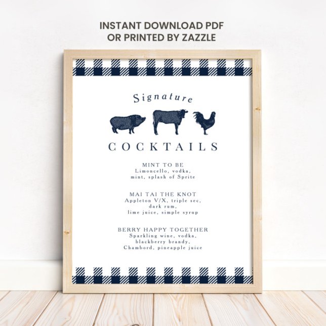 Póster Rótulo de cóctel de Boda Rustic Blue Plaid Signatu (Subido por el creador)