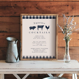 Póster Rótulo de cóctel de Boda Rustic Blue Plaid Signatu