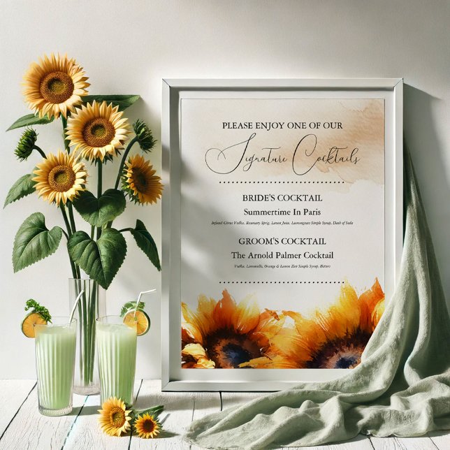 Póster Rótulo de cócteles Boda de girasol (sunflower wedding decor signature cocktails)