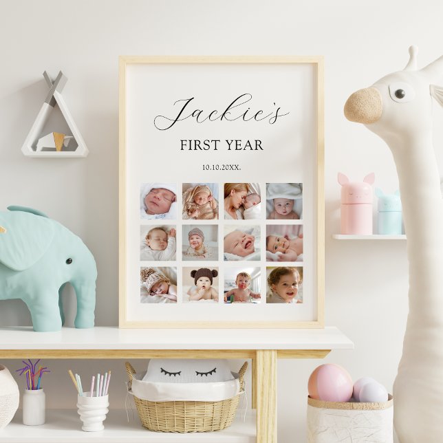 Póster Rótulo de Collage de fotos de mi primer año de cum (My First Year Sign with 12 Photos for 1st Birthday | Minimalist Modern)
