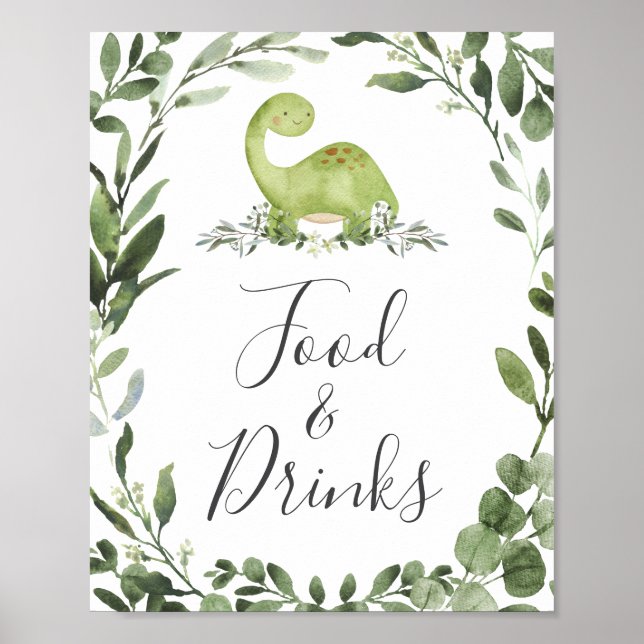 Póster Rótulo de comida y bebida de Baby Shower Dinosaur (Frente)