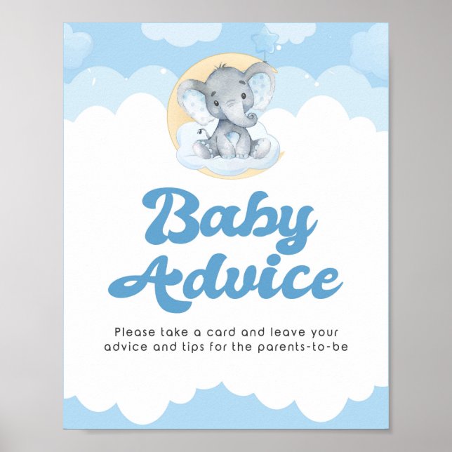 Póster Rótulo de consejo Elefante Azul Poster Baby Shower (Frente)