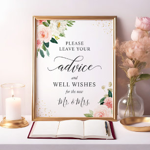 Póster Rótulo de consejos florales rosados y buenos deseo