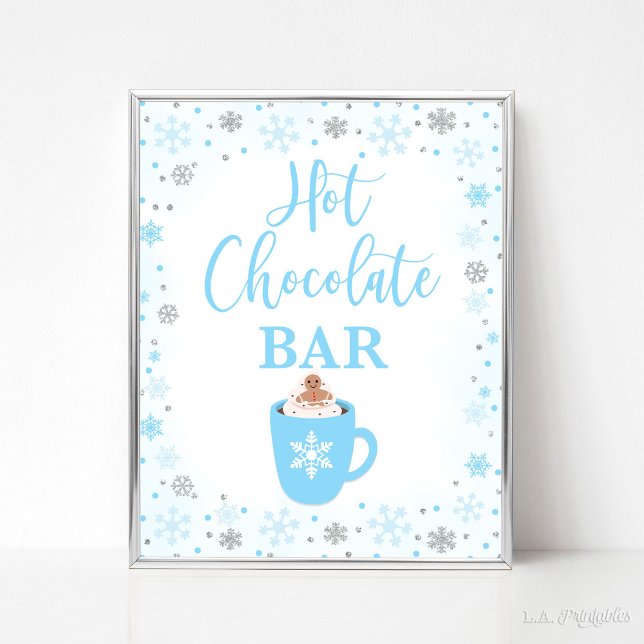 Póster Rótulo de copos de nieve azules de invierno de la  (Hot Chocolate Bar Sign, Winter Blue & Silver Glitter Snowflakes Theme)