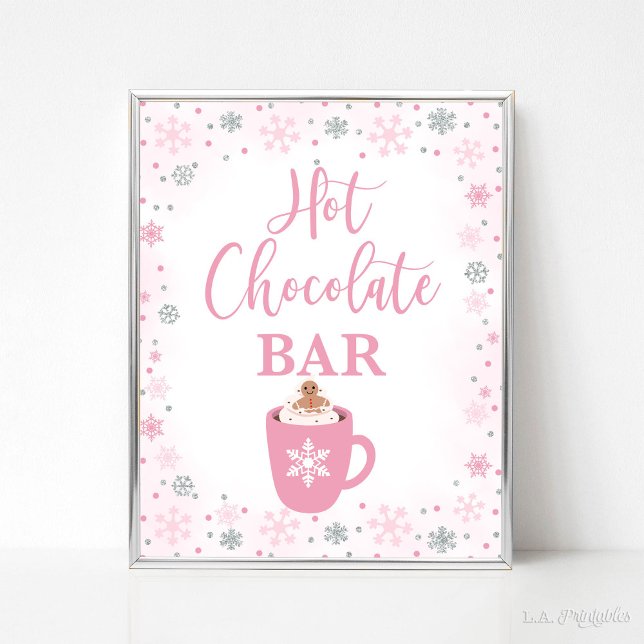 Póster Rótulo de copos de nieve rosados en el bar de choc (Hot Chocolate Bar Party Sign, Winter Pink & Silver Glitter Snowflakes Theme)