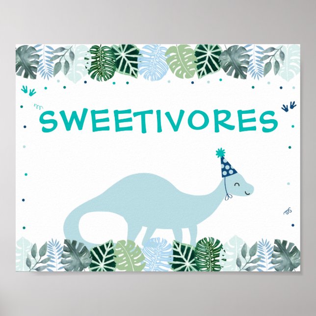 Póster Rótulo de cumpleaños de Blue Dinosaur Safari Sweet (Frente)