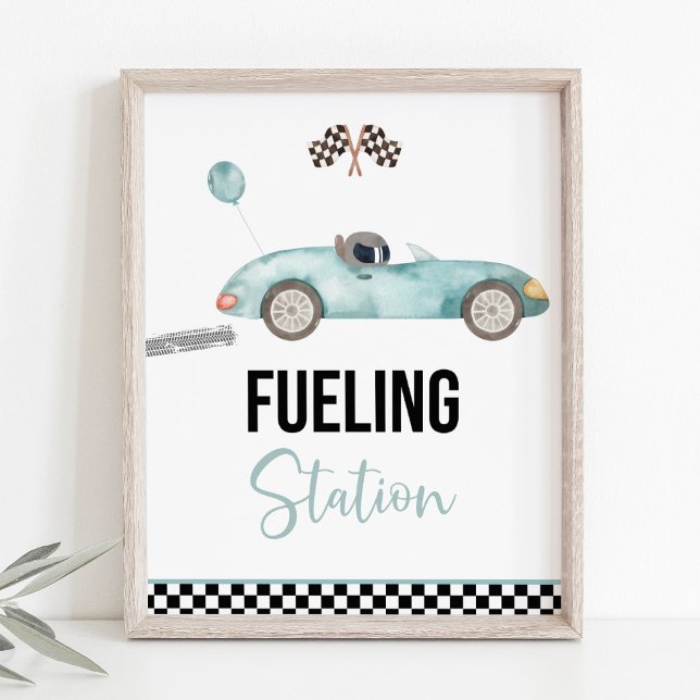 Póster Rótulo de cumpleaños de Blue Race Car Fueling Stat (Subido por el creador)