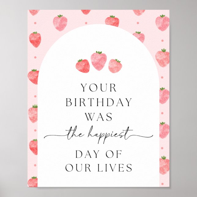 Póster Rótulo de cumpleaños de fresa digital (Frente)