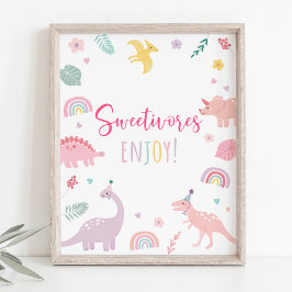 Póster Rótulo de cumpleaños del Boho Rosa Dinosaur Sweeti