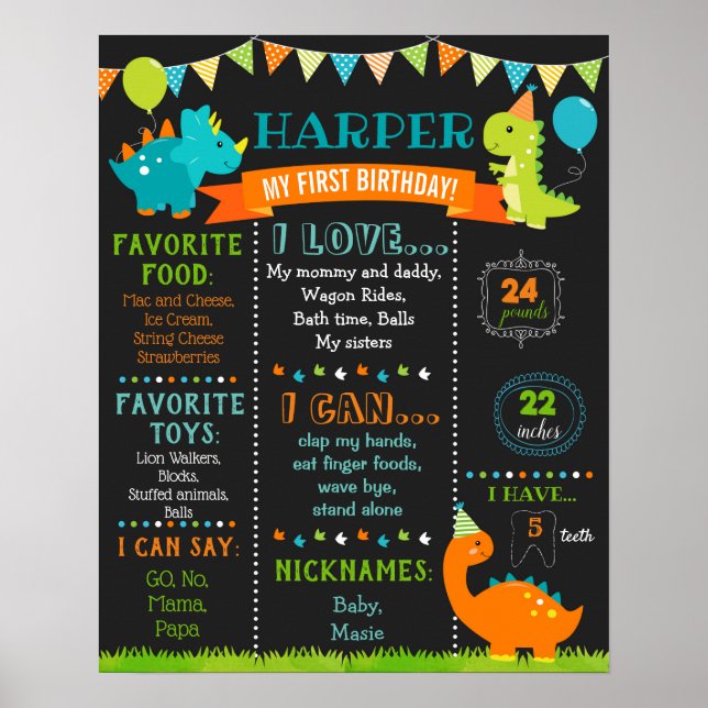 Póster Rótulo de cumpleaños Dinosaur Poster de Chalkboard (Frente)
