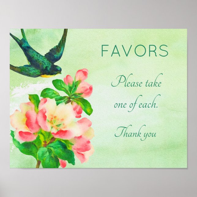 Póster Rótulo de ducha con flores y pájaros (Frente)